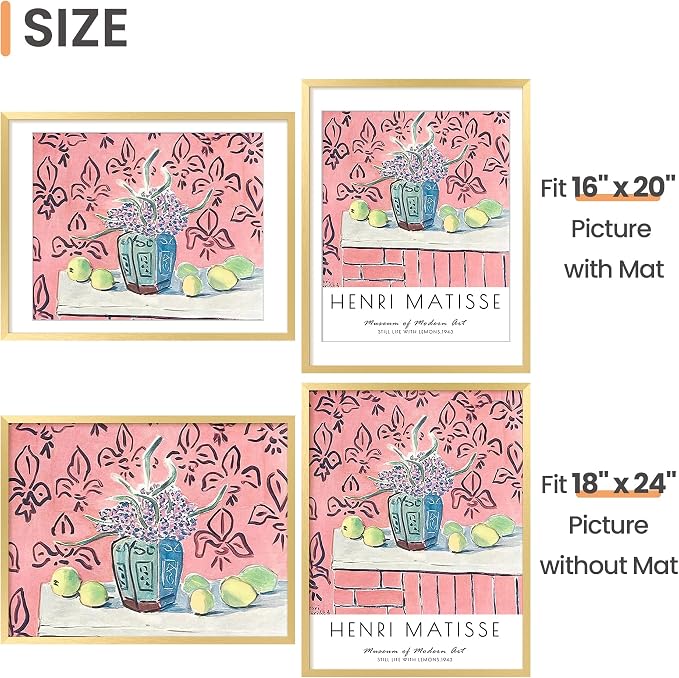 upsimples 18x24 Picture Frame, Display Pictures 16x20 with Mat or 18 x 24 Without, Wall Hanging Poster Frames, Gold, 1 Pack