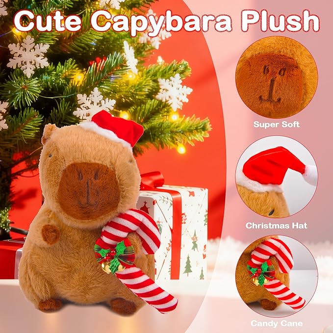 Christmas Capybara Stuffed Animal Plush, 10” Holiday Capybara Peluches with Santa Hat & Candy Cane, Cute Super Soft Funny Christmas Toy Gifts, Capybara Stuff Festive Decorations for Kids Boys Girls