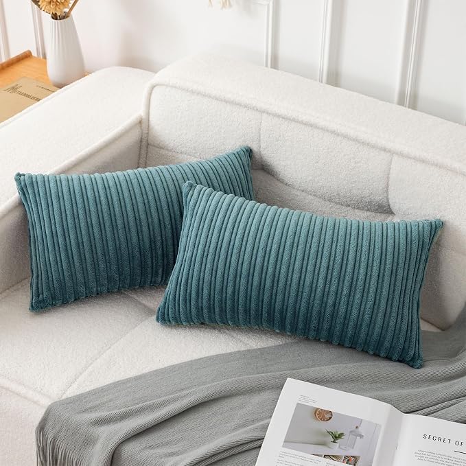 UGASA Velvet 12x20 Inch Lumbar Soft Throw Pillow Covers Decorative Corduroy Striped Both Sides Solid Rectangular Cushion Cases Boho Farmhouse for Couch Bedroom Sofa Home, Pack of 2, Blue Grey
