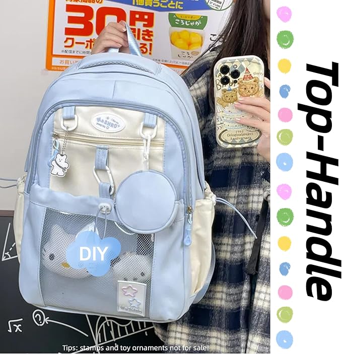 Kawaii Backpack Double Shoulder Bag with Cute Star Removable Pouch Clear Pocket Large Capacity Dopamine Colors Daypack (Clear Blue)