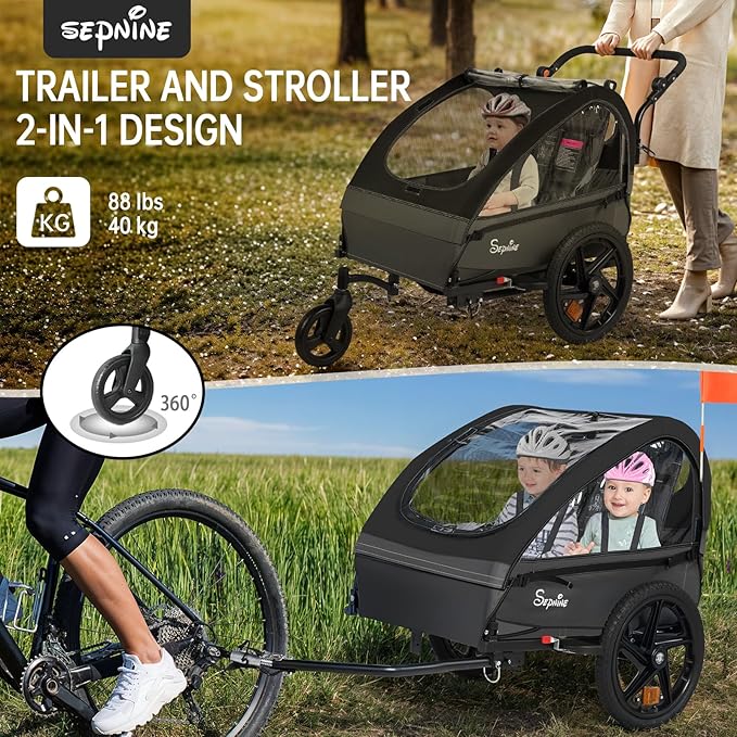 Sepnine Kids Bike Trailer, 2 in1 Canopy Carrier Converts to Stroller Suitable for 1 to 2 Kids, 12+ Months, Quick Attach to Bike, Foldable, with 5-Point Harness and Storage Bags