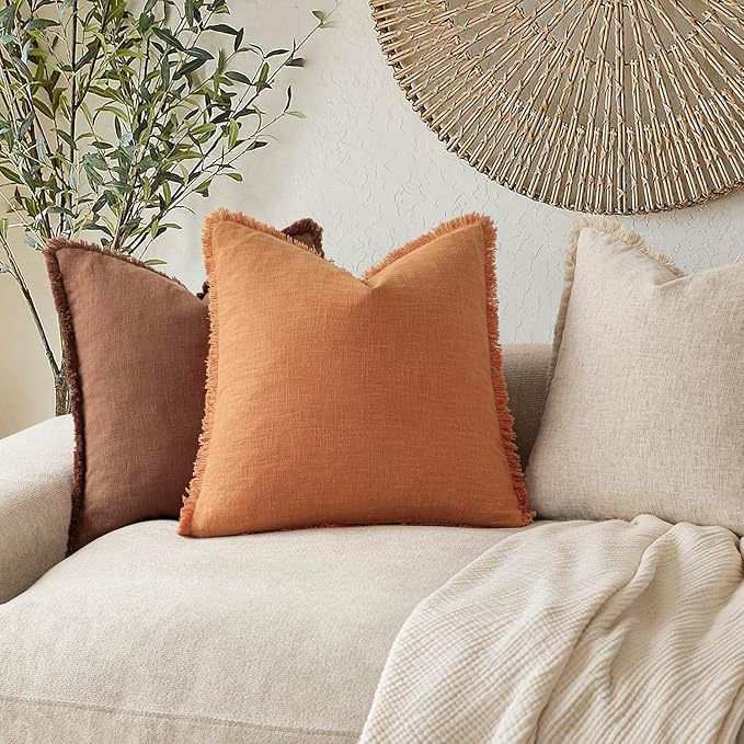 Foindtower Set of 2 Decorative Linen Fringe Lumbar Throw Pillow Covers Boho Farmhouse Cushion Cover with Tassels Soft Accent Pillowcase for Couch Sofa Living Room Home Decor,12×20 Inch,Dusty Orange