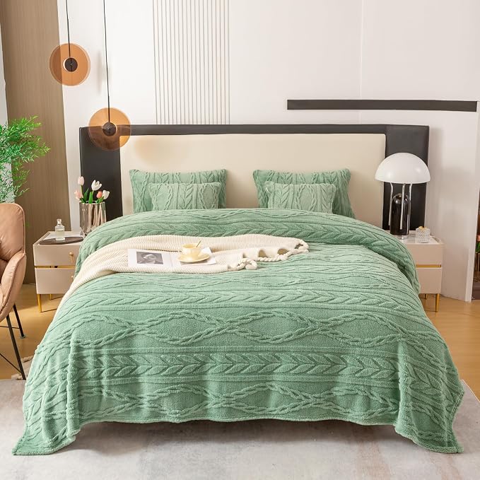YUSOKI Sherpa Fleece Queen Size Blanket, Sage Green, 90"x90" | 3D Stylish Design,320GSM, Non-Shedding, Lightweight for All Season Use, stays fluffy after repeated washes, Perfect Gifts