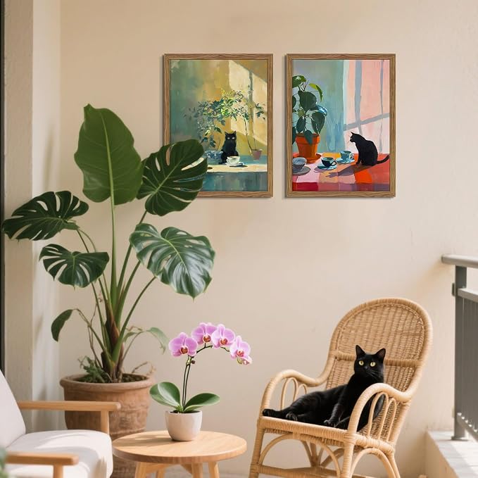 Framed Black Cat Wall Art Set of 2, Vintage Funny Cat Coffee Canvas Wall Decor Paintings, Moody Cute Animal Artwork Prints Picture for Kitchen Dining Room Living Room 16x24 Inch