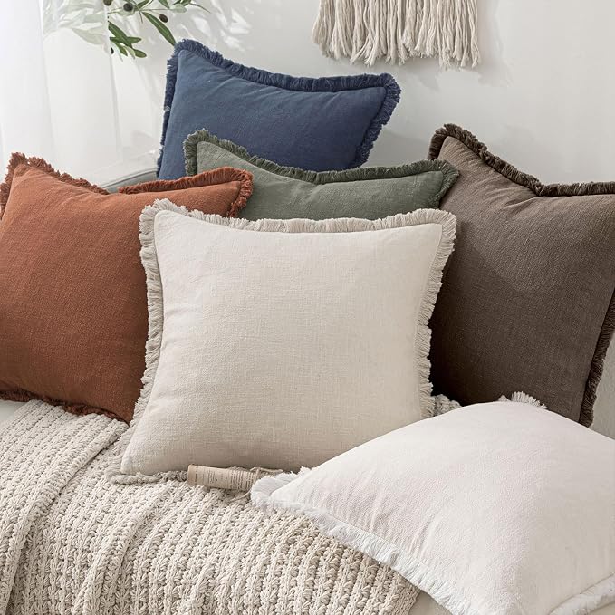 MIULEE Linen Fringe Decorative Fall Euro Throw Pillow Covers Coffee 24x24 | Set of 2, Cottagecore Decor, Boho Farmhouse Neutral Pillow Covers, Rustic Fall Couch Cushion Cases for Sofa Bed Living Room