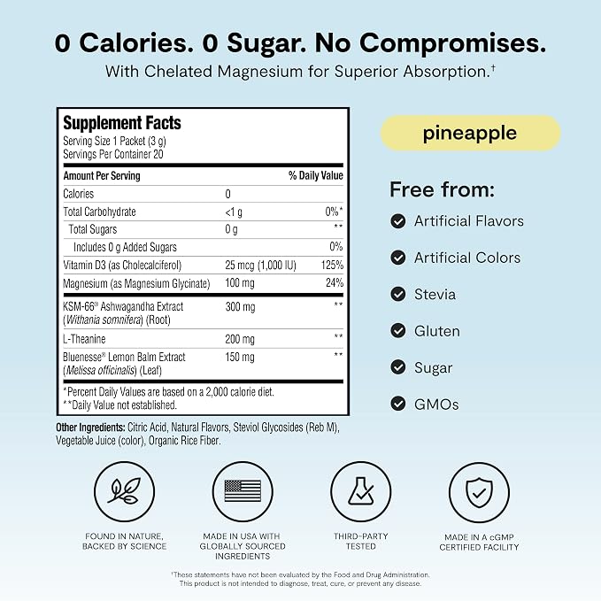 Ü Relax 2.0 Powder Drink Mix, Pineapple, Ashwagandha & L-Theanine, Adaptogens, Cortisol, Sleep Aid, Ready-to-Mix, Sugar Free, Zero Calorie, 20 Stick Packs