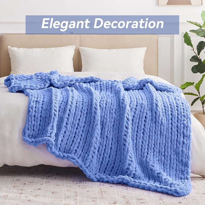 Negwoo Chunky Knit Throw Blanket, Knitted Throw Chenille Yarn, 60"*80" | Soft Thick Cable Knitted Blankets, Handmade Big Thick Blanket, Machine Washable Cute Comfy Blanket for Home Decor, Light blue