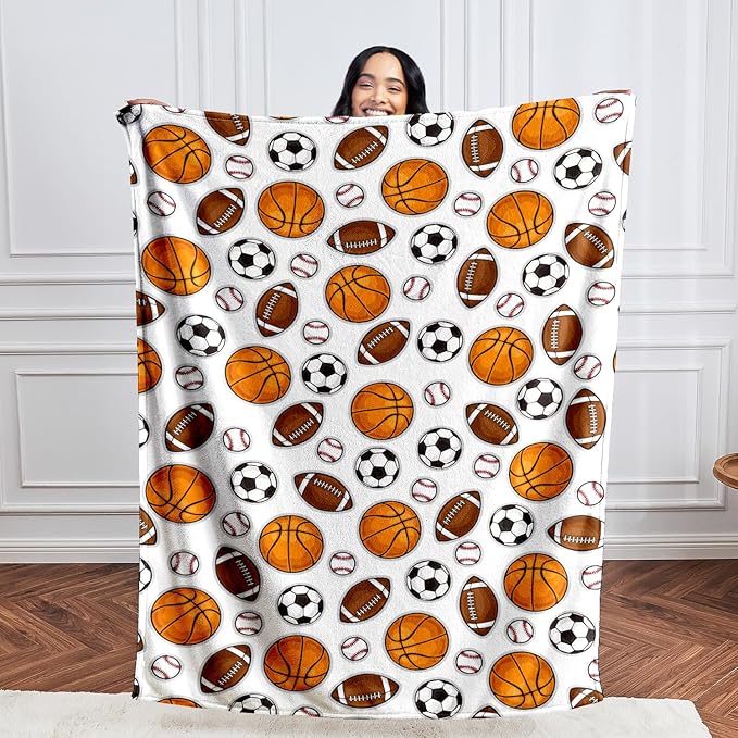 Wajade Sports Balls Blanket for Boys Soft Fleece Baseball Basketball Soccer Blanket for Couch Sofa Bedroom Fuzzy Flannel Blankets Birthday for Kids Boys 60"x80"