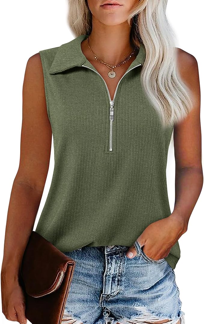 Vivilli Womens Ribbed Tank Top Zipper V Neck Dressy Casual Blouses Sleeveless Camisole Tops Work Tank Polo Shirts