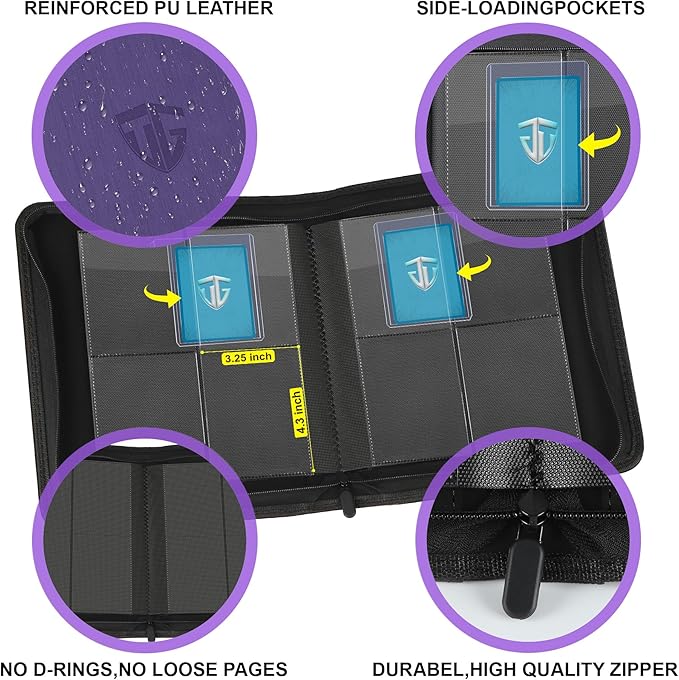 Toploader Binder,Holds 112 Toploaders, 4 Pocket Top Loader Binders for 3" x 4" Rigid Card Holders for Trading Cards or Sports Cards Binders (Purple)