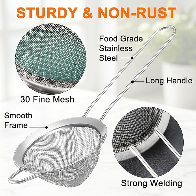 Small Fine Mesh Strainer, Stainless Steel Mini Sieve, Bar Strainer for Cocktail, Juice, Coffee, Tea Strainer for Loose Leaf Tea, Mini Sifter for Matcha, Flour, 1 Pack | 3.15 In Mini Strainer, for Cocktails, Loose Tea, Juice, Fits Most Cups and Mugs
