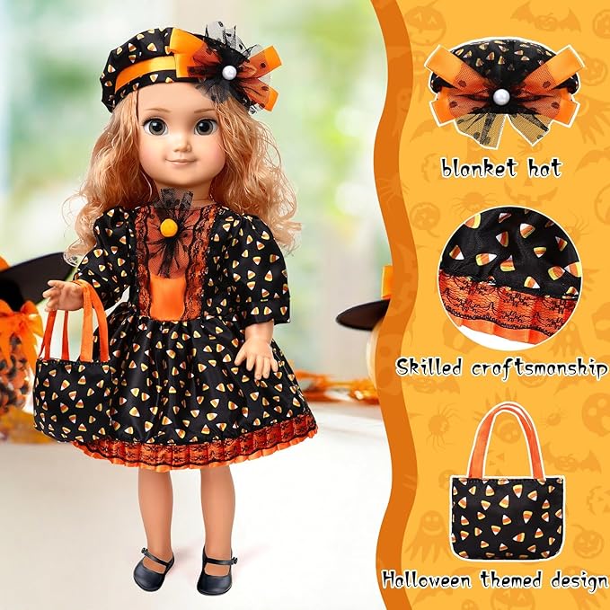 JANYUN 18 Inch Doll Clothes Accessories Halloween Witch Costume Candy Corn Suit Set with Witch Hat Candy Bag for Doll Halloween Costumes Gifts