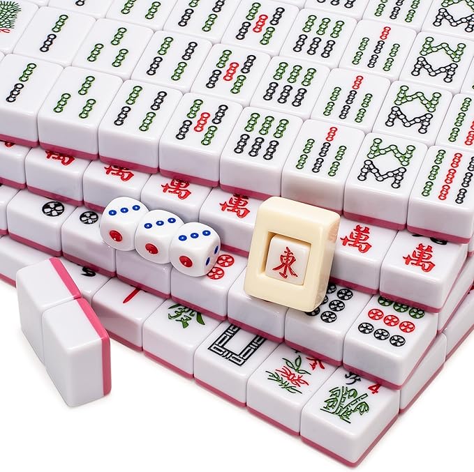 Yellow Mountain Imports Chinese Mahjong Set - “Rouge Harmony” - with 146 Medium Tiles, Red Vinyl Case, Wind Indicator and Dice - for Chinese Style Gameplay Only [胭红绽放 中式麻将]