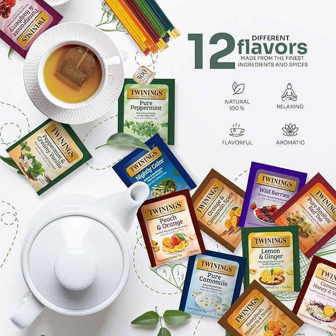 Twinings 48 Tea Bags Herbal Variety Pack – 12 Caffeine-Free Flavors + 20 Honey Sticks, Relaxing Herbal Tea Gift Set for Tea Lovers, Bedtime & Daily Wellness