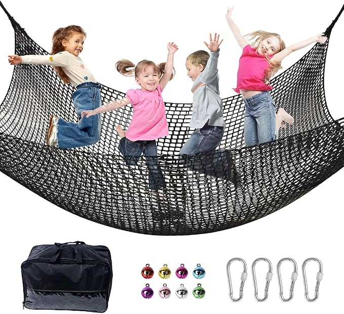 Climbing Net for Kids - 14.8FT x 9.9FT Double Layers Heavy Duty Playground Safety Net, Climbing Cargo Net for Tree House Tree Fort, Back Yard, Jungle Gyms, Monkey Bar Security Mesh（Black）