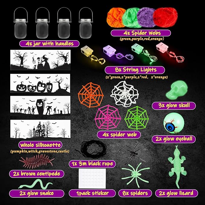 Halloween Crafts for Kids, 4 PCS Mason Jar with Accessories for DIY Craft, Art Party Favor Supplies, Halloween Decoration Trick or Treating, Classroom Art Activities