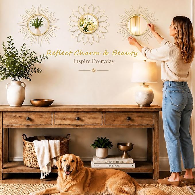 3 Pack Metal Mirrors for Wall Sunburst Wall Mirrors Home Décor Decorative Hanging Wall Art for Living Room Bedroom Entryway (Gold, Flower+Sunburst)