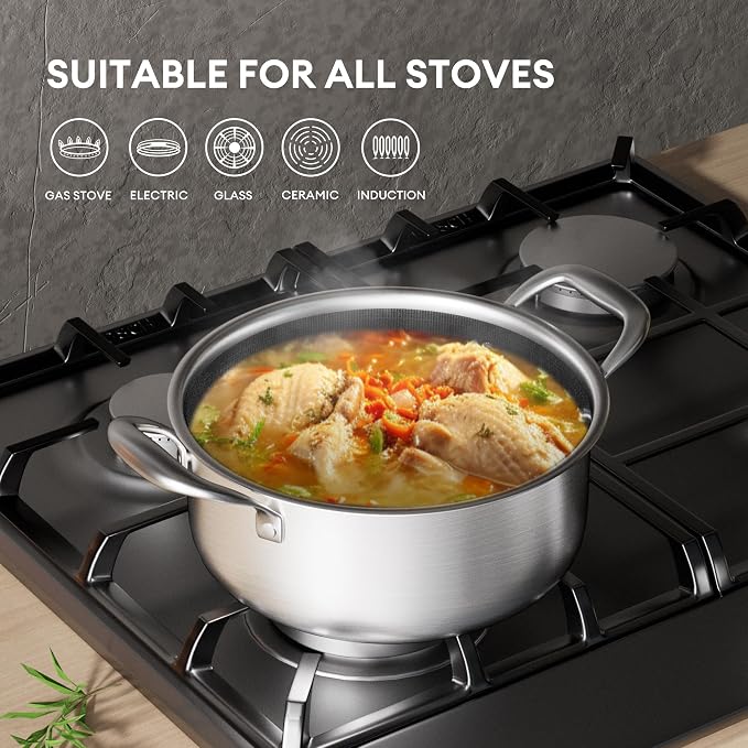 COOKER KING Hybrid Stainless Steel Pot Set, 1.5 & 2 & 5QT Pots with Lids | 6PCS, Non Stick, Non Toxic, Stay-Cool Handles, Induction Compatible, Oven and Dishwasher Safe