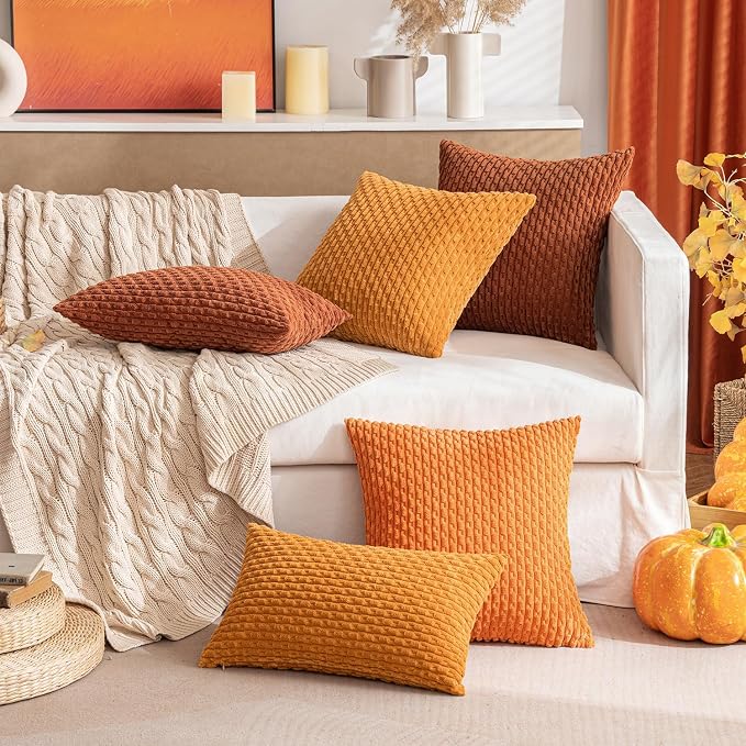 MIULEE Fall Decorative Throw Pillow Covers 20x20 Burnt Textured Corduroy | Terracotta Pack of 2 Striped Pillow Covers Modern Farmhouse Autumn Home Decor for Couch Bed Sofa Living Room