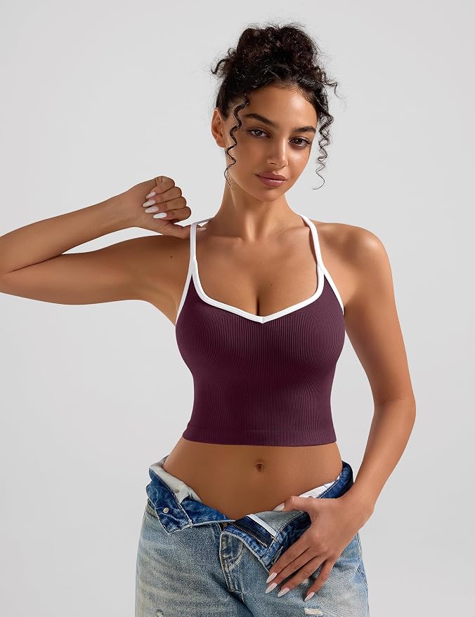OLCHEE Womens 3PK Crop Tank Tops Seamless Ribbed Sweetheart Neck Racerback Spaghetti Straps Contrast Trim Workout Yoga Cami