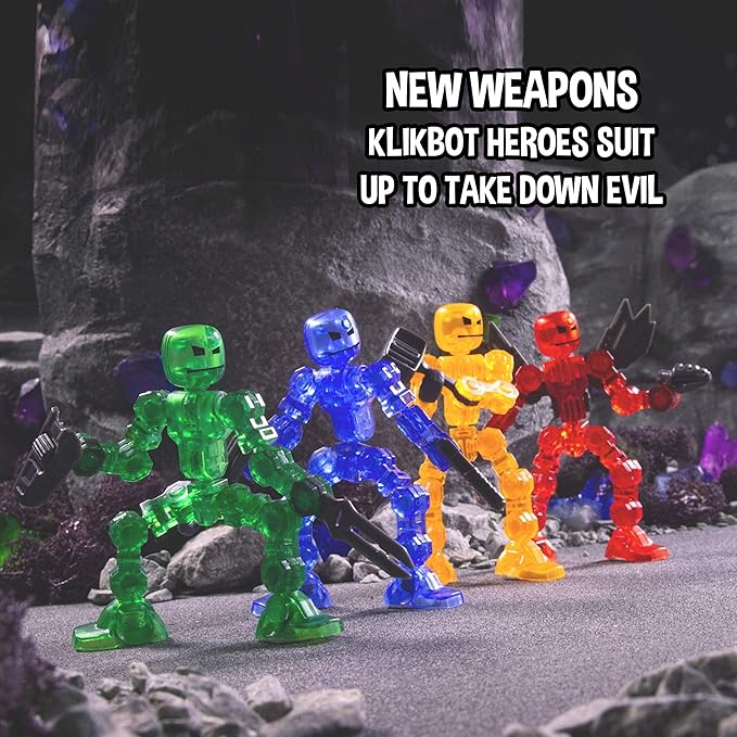 Zing Klikbot, Complete Set of 4 Poseable Action Figures with Weapons, Translucent, Create Stop Motion Animation, for Ages 6 and Up (Series 1 Heroes)