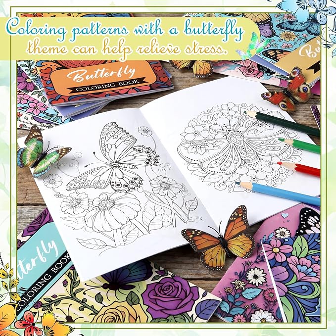 Liliful 144 Pcs Butterfly-Themed Coloring Book Bulk for Adults Mini Butterfly Theme Drawing Book with Garden Flower Insect Patterns Party Favors Goodie Bag Filler and Holiday Gifts
