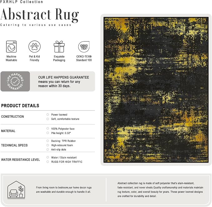 10x14 Area Rug Living Room Rug: Washable Modern Abstract Soft Thin Rug Indoor Floor No Slip Carpet for Bedroom Dining Room Farmhouse Nursery Home Office - Dark Black Gold