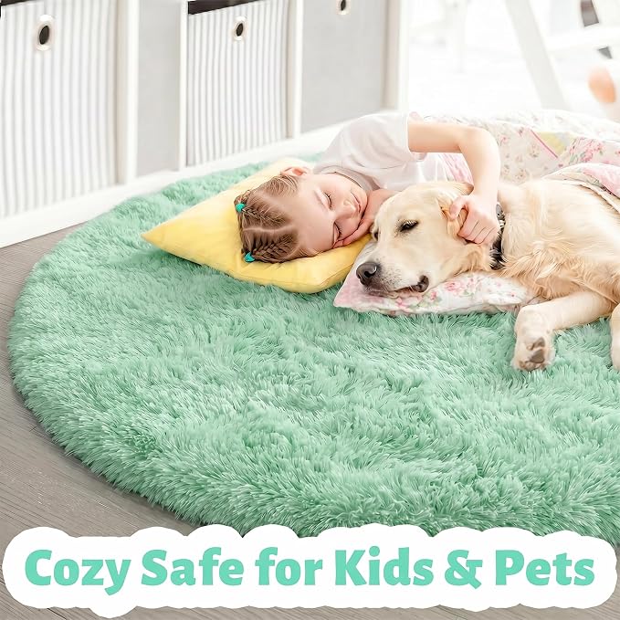 Amdrebio Sage Green Round Rugs 5Ft for Bedroom, Fluffy Furry Circle Rug for Nursery, Baby Kids Room Decor, Cute Shaggy Area Rugs for Preppy Dorm, Teen Girls Boys, Fuzzy Indoor Light Mint Green Carpet
