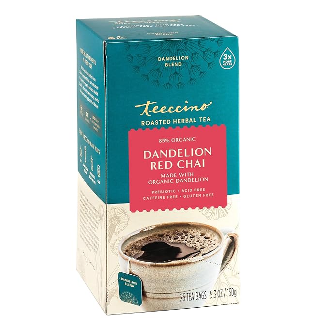 Teeccino Dandelion Red Chai Tea - 25 Tea Bags - Caffeine-Free, Roasted Herbal Tea with Prebiotics, 3x More Herbs than Regular Tea Bags, Gluten Free, (Pack of 3)