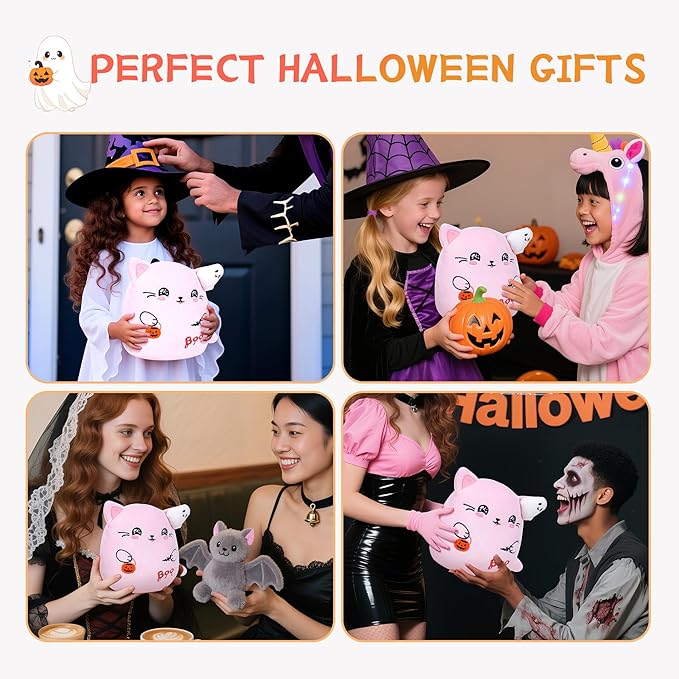 Pink Cat Plush – Halloween Stuffed Animal Ghost Bat Design Soft Pink Cat Stuffed Animal Decoration Party Favors 10 Inch