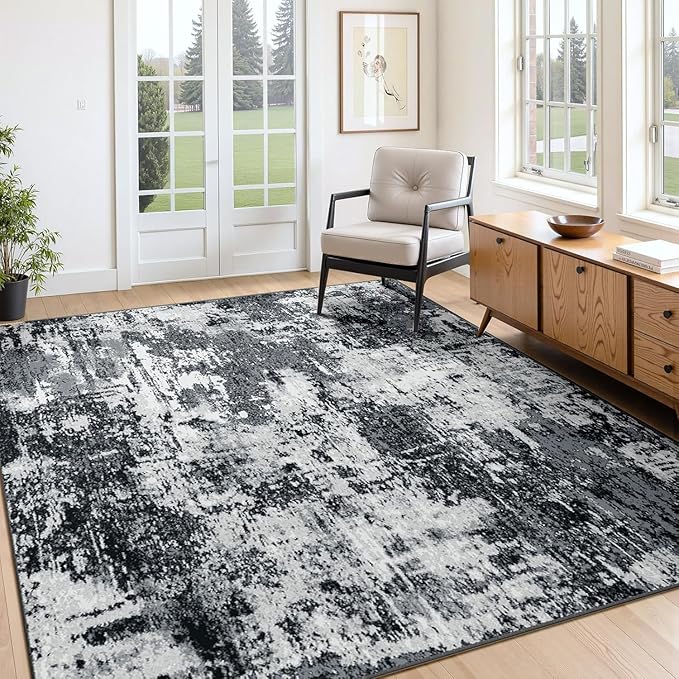RELEANY Washable 5'x8' Abstract Area Rug for Living Room Black White | carpet for bedroom, kitchen, office, hallway and entryway, printed pattern, non-slip, soft, stain-resistant, easy to clean