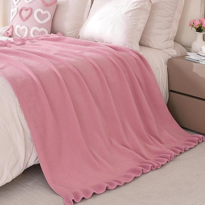 Ultra Soft Ruffle Knit Chenille Throw Blanket for Couch & Bed, Cozy Flowers Blankets for Home Decor, Gifts for Women Mom Sister on Mother's Day Valentine's Day Birthday, 50"x60", Pink