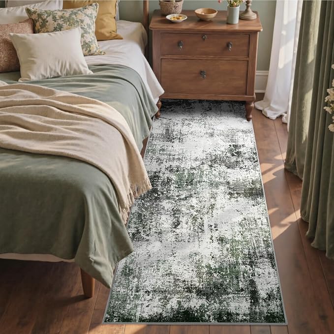 2x6 Ft Washable Runner Rug, Non-Slip Low Pile Hallway Kitchen Area Rug, Soft Long Entryway Floor Mat Abstract Pattern Carpet for Bedside & High-Traffic Areas (Grey/Green)