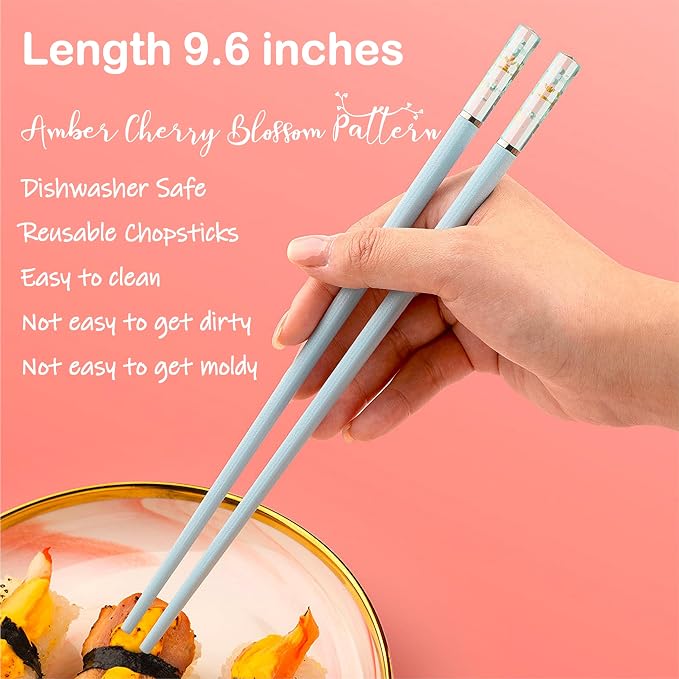 5 Pairs Amber Cherry Blossom Pattern Decoration Multicolor Fiberglass Chopsticks Japanese Korean Chopsticks Reusable Dishwasher Safe Yellow Pink Blue Green Purple