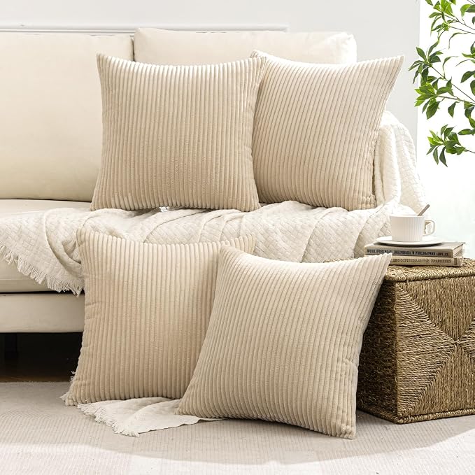 MIULEE Soft Corduroy Decorative Throw Pillow Covers Beige 20x20 | Set of 4, Mordern Nordic Home Decor, All Same Color Set, Boho Farmhouse Cushion Covers for Couch Bed Sofa Living Room