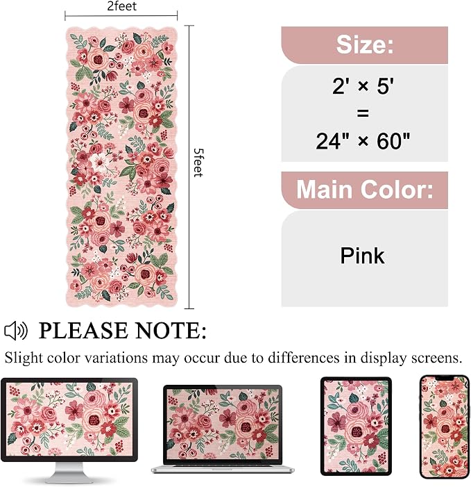 DUKINO 2x5 Washable Runner Rug, Floral Non Slip Rug for Kitchen, Pink | Soft, Low Pile, Non-Shedding Throw Rug Runner for Hallway, Entryway, Bedroom, Bathroom, Pet Friendly, Home Decor, Lightweight