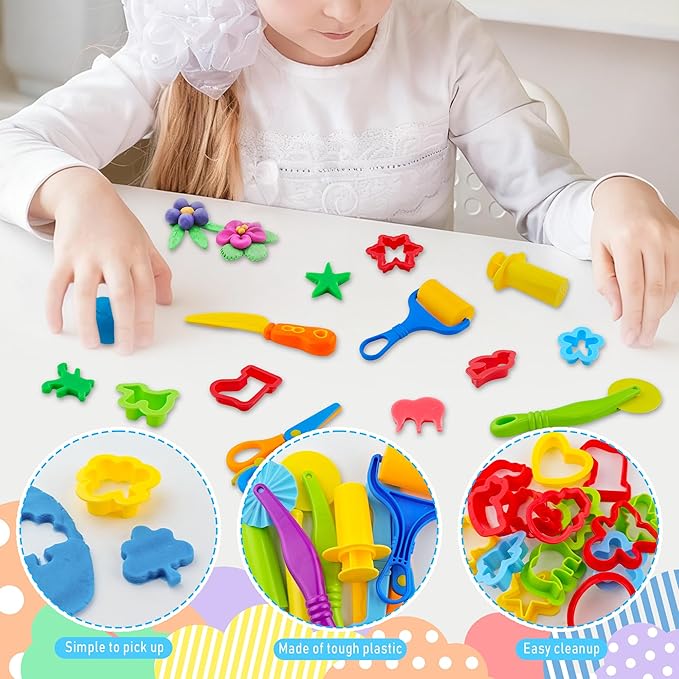 iShyan Dough Tools for Kids，40pcs Basic Dough Play Toys Includes Cutters, Roller, Rolling Pins, Safety Scissors