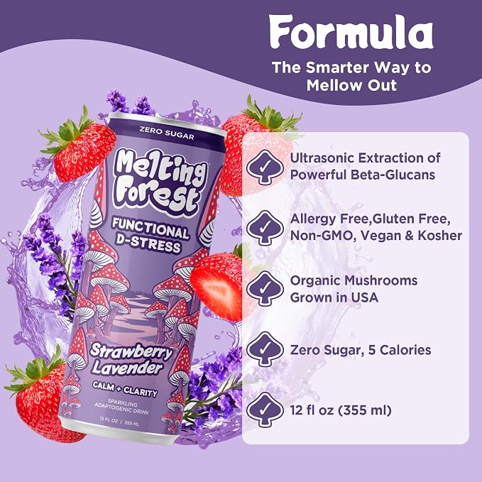 Melting Forest Functional Mushroom D-Stress - Adaptogen Drink w/L-Theanine, Reishi, Lion's Mane & Magnesium - Relaxation Drinks for Stress Relief - 0 Sugar, 5 Calories - Strawberry Lavender (12-Pack)