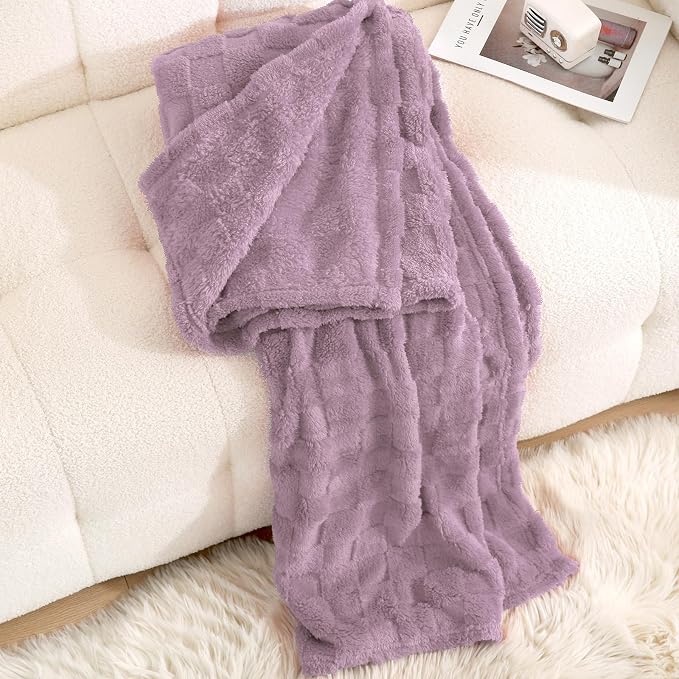 Light Purple Fleece Throw Blanket50”×60”Checkered Design for Couch | Super Soft Cozy Plush Microfiber 3D Square Pattern Flannel Blanket for Sofa Bed Lightweight for Adults,Women