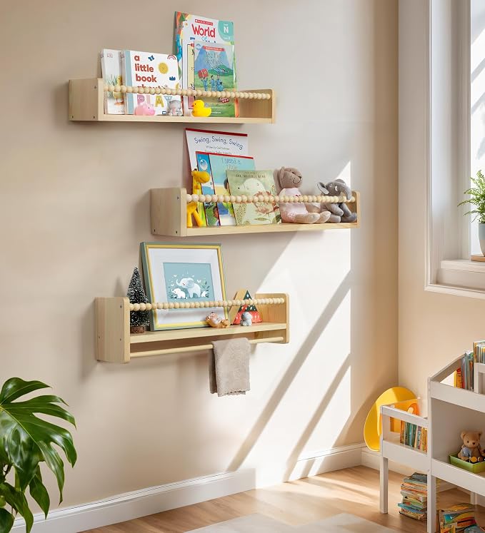Maxpeuvon Wood Nursery Floating Shelves Cloud Shape Set of 2 | Natural Wood Nursery Shelves with Towel Bar, Wall Storage for Books, Toys and Decor, for Kids Room, Bedroom, Living Room