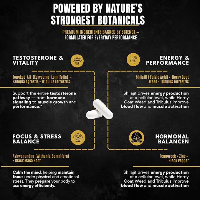 Men's Testosterone Support–10-in-1 Horny Goat Weed with Tongkat Ali, Ashwagandha, Shilajit, Maca, Fadogia Agrestis, Tribulus & More – Energy, Vitality & Libido Support – 60 Vegan Capsules