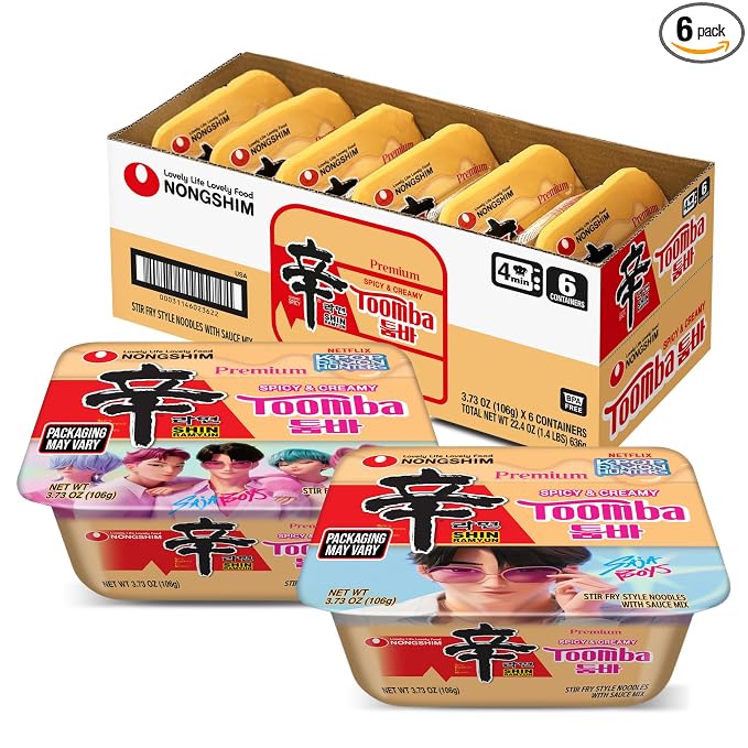 Nongshim Shin Ramyun Toomba Noodles Square Bowl, Creamy Korean Mac and Cheese Style Noodles, Gentle Kick of Spice, Korean Stir Fry Style Instant Noodles, Microwaveable, 3.73 oz (Pack of 6)