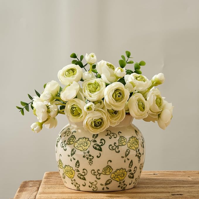 SIDUCAL Ceramic Yellow Rose Floral Vase with Wide Mouth Lace, 4.84 Inch Cracked Chinoiserie Rustic Farmhouse Vases, Pastoral Retro Vase for Home Decor, Table, Living Room, Bathroom, Shelf, Wedding