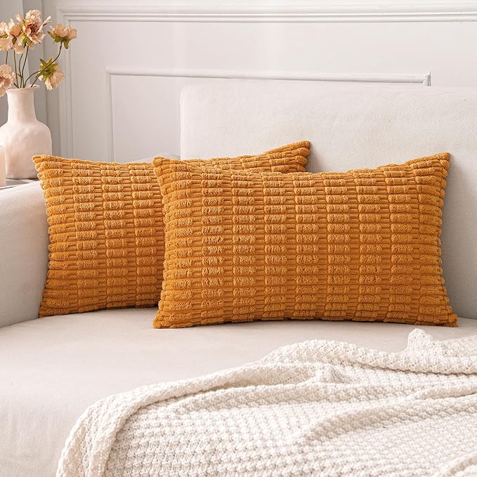 MIULEE Fall Corduroy Decorative Throw Pillow Covers 12x20 Burnt Orange | Lumbar Pack of 2 Soft Boho Striped Pillow Covers Modern Farmhouse Autumn Home Decor For Sofa Living Room Couch Bed