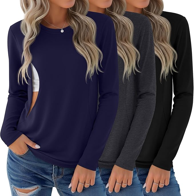 3 Pack Nursing Tops for Breastfeeding Maternity Shirts Zipper Long Sleeve Round Neck Knit Casual Nursing Clothes