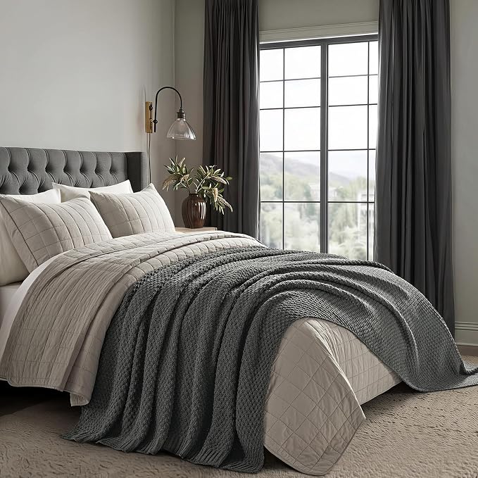 EVERGRACEHOME Chunky Chenille Knit Throw Blanket, 90 x 90, Charcoal Gray | Sculpted Moss Stitch, Chic Modern Farmhouse, All-Season Warmth, OEKO-TEX® Certified, Oversized Queen for Couch, Bed, Sofa