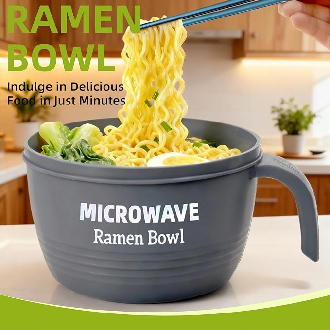 Layron Large Ramen Bowl Set, Ramen Noodle Bowls Microwavable 45 oz, Ramen Cooker, Microwave Pasta Cooker, Ramen Bowl Microwave Gift for College Male Female Dorm Room (grey)