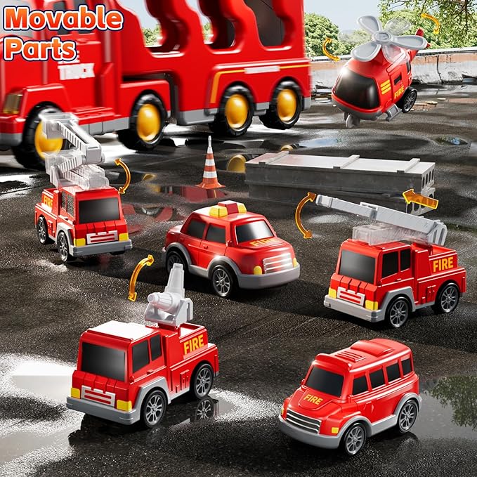 Fire Truck Toys for Toddler 1-3 3-5, 7-in-1 Fire Car Carrier Vehicle Set for Girls 1 2 3 4 5 6 Years Old, Transport Car with Light Sound, Birthdays Gifts for Kids Girls Aged 3-9