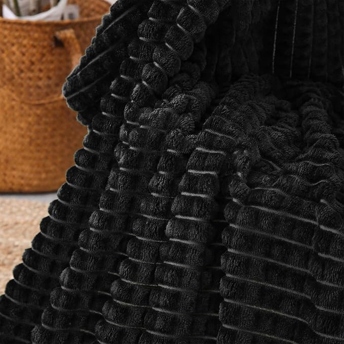 Puncuntex Fleece Throw Blanket Black 60"×80" with Square Grid Design | Super Soft Plush Cozy Flannel Throw Blanket Luxury for Couch Sofa Chair