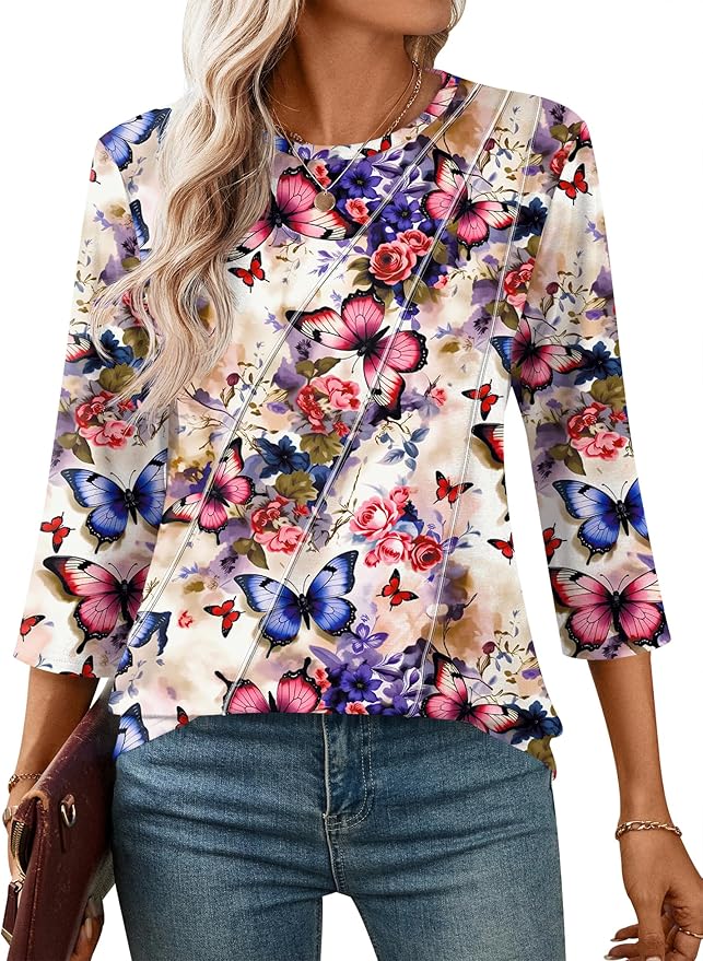LOMON 3/4 Length Sleeve Womens Tops Spring Summer Fashion 2026 Tops Crew Neck Pleated Shirts Tunic Top Loose Fit